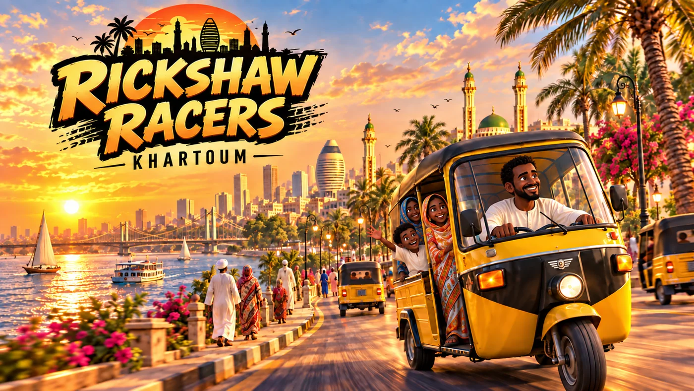 Rickshaw Racers Khartoum promotional artwork: yellow rickshaw on the Nile waterfront at sunset