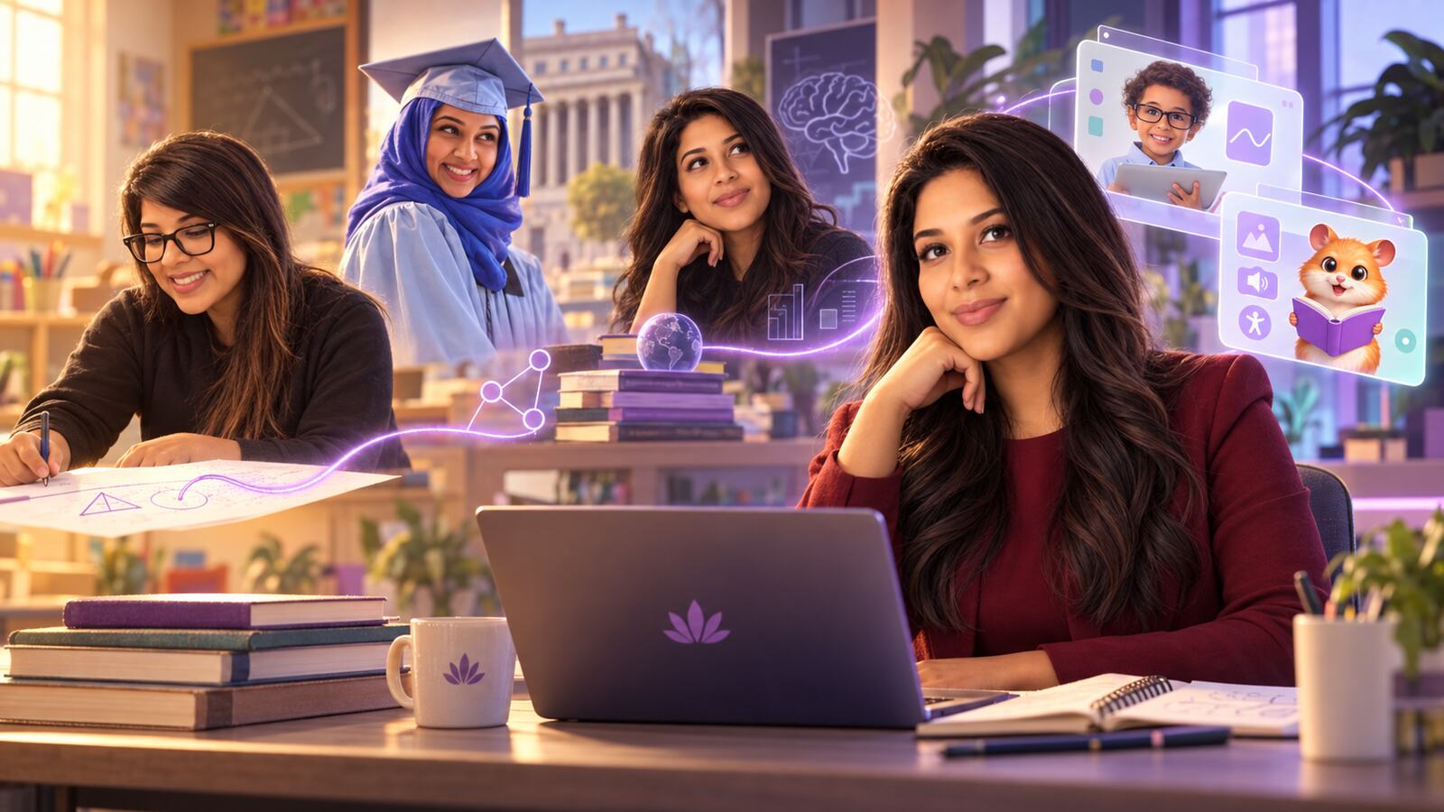 A cinematic illustrated montage of Nadia as an educator, researcher, and product builder