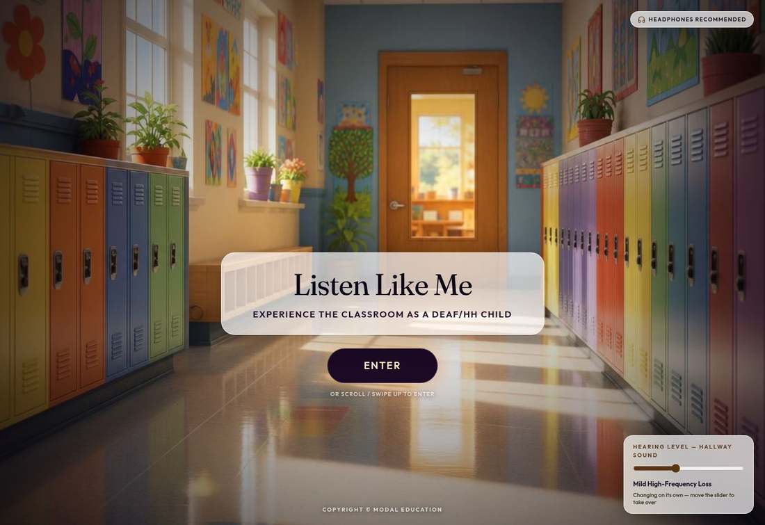 Listen Like Me entry screen showing a colorful school hallway, hearing-level control, and classroom simulation invitation